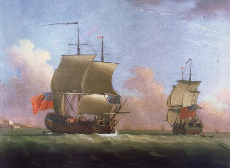 Monamy, Peter THe Ship rigged royal yacht Dublin in two positions oil painting picture